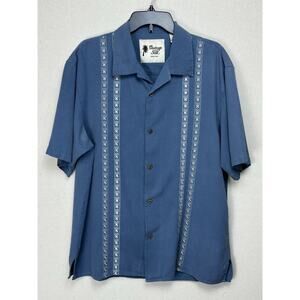 Vintage Silk Shirt Men’s XL Blue W/ White Embroidery 100% Silk Short Sleeve
